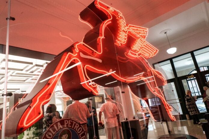 legacy dallas magnolia Flying Red Pegasus at Legacy Dallas exhibit